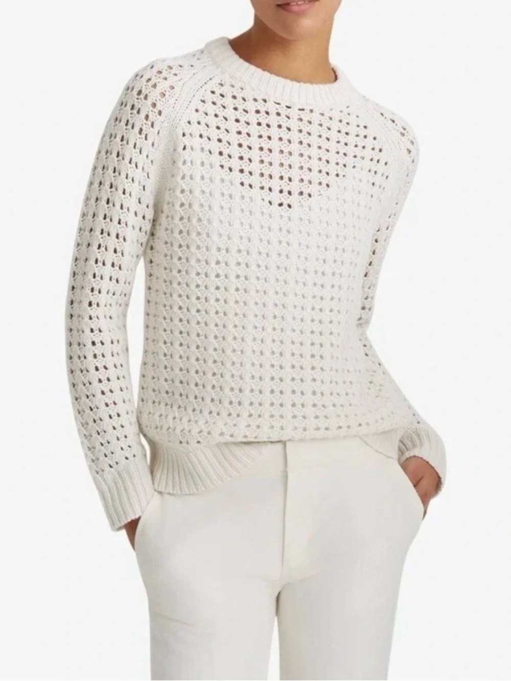Club Monaco Open-Knit Crewneck Sweater in White
